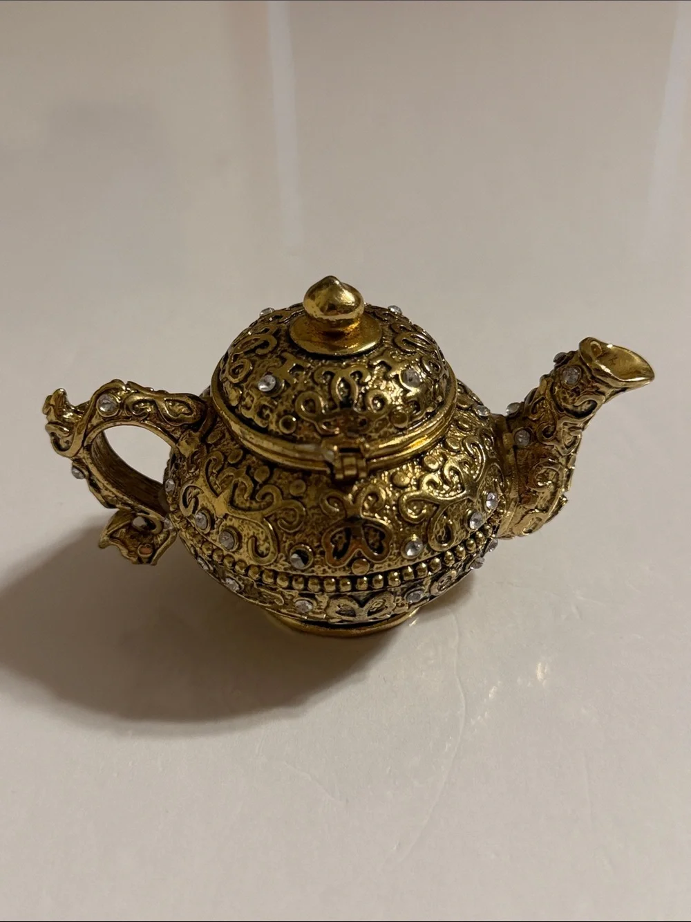 Ornate Gold Tone Decorative Trinket Teapot Accent with Crystals and Embroidery